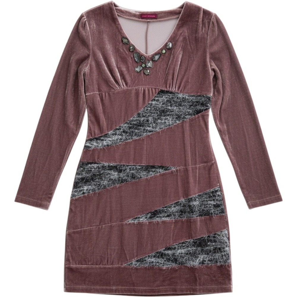 Velvet Mini Dress M Mauve Gemstone Eyelash Trim Whimsigoth Unique